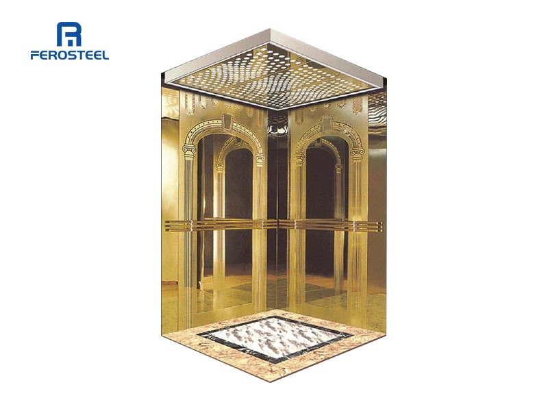 Hoja de cabina de ascensor de acero inoxidable grabada con espejo dorado