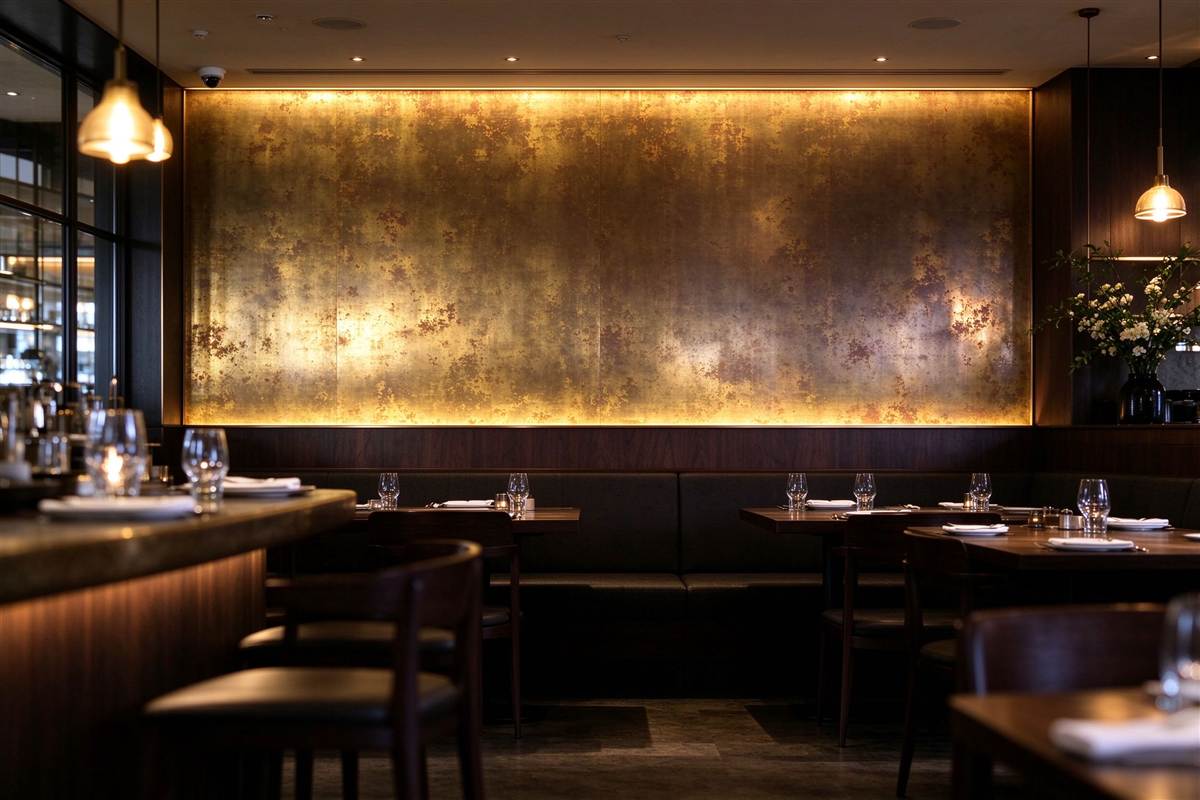 Mirror-finish gold brass stainless steel panels in a modern lobby with vertical garden