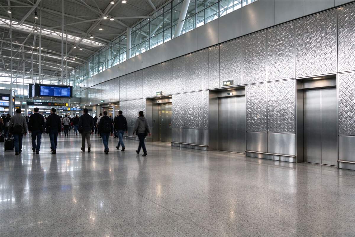 Real embossed stainless steel wall panels in a commercial interior