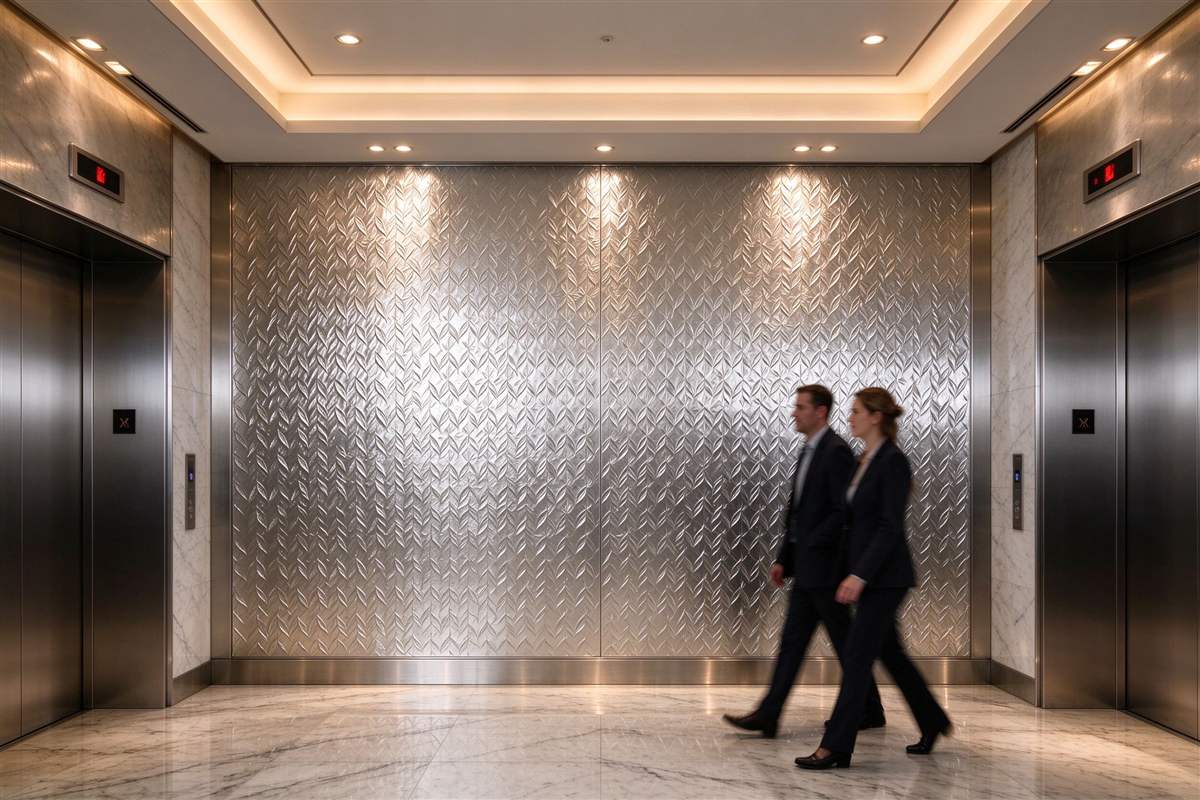 Embossed stainless wall panels in a busy transit concourse